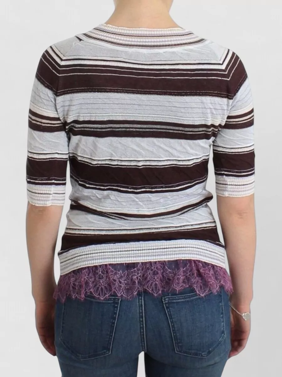 Ermanno Scervino Striped Lace Trim V-Neck Short-Sleeve Top