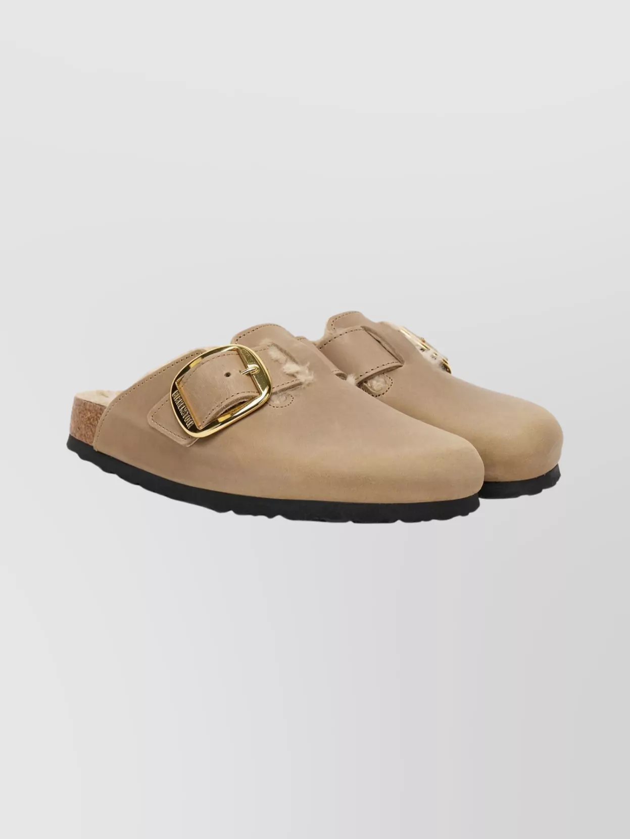 Birkenstock Boston Mules With Gold Buckle And Rubber Sole In Brown