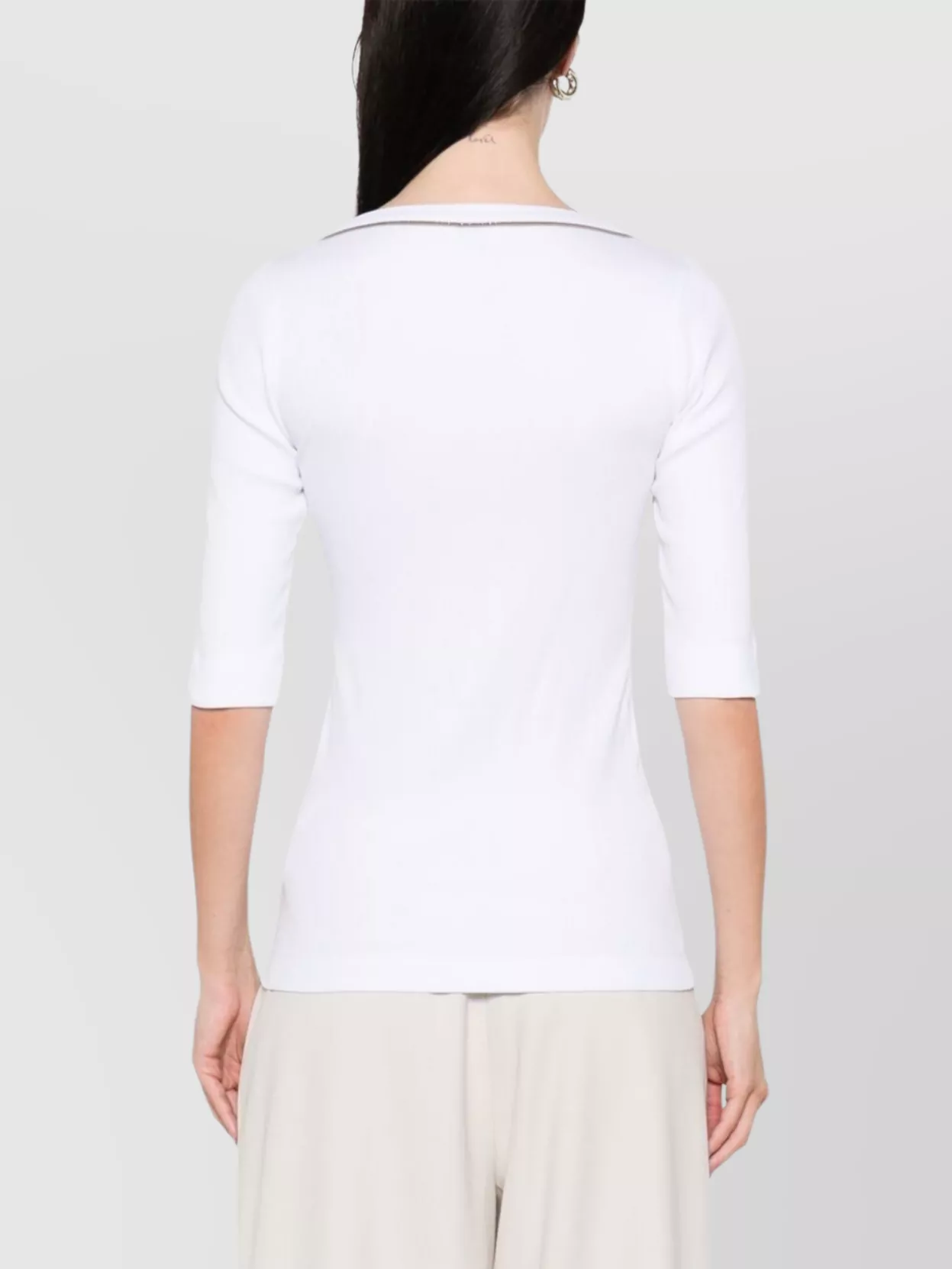 Brunello Cucinelli Ribbed V-neck 3/4 Sleeves Crewneck Contrast Trim In White