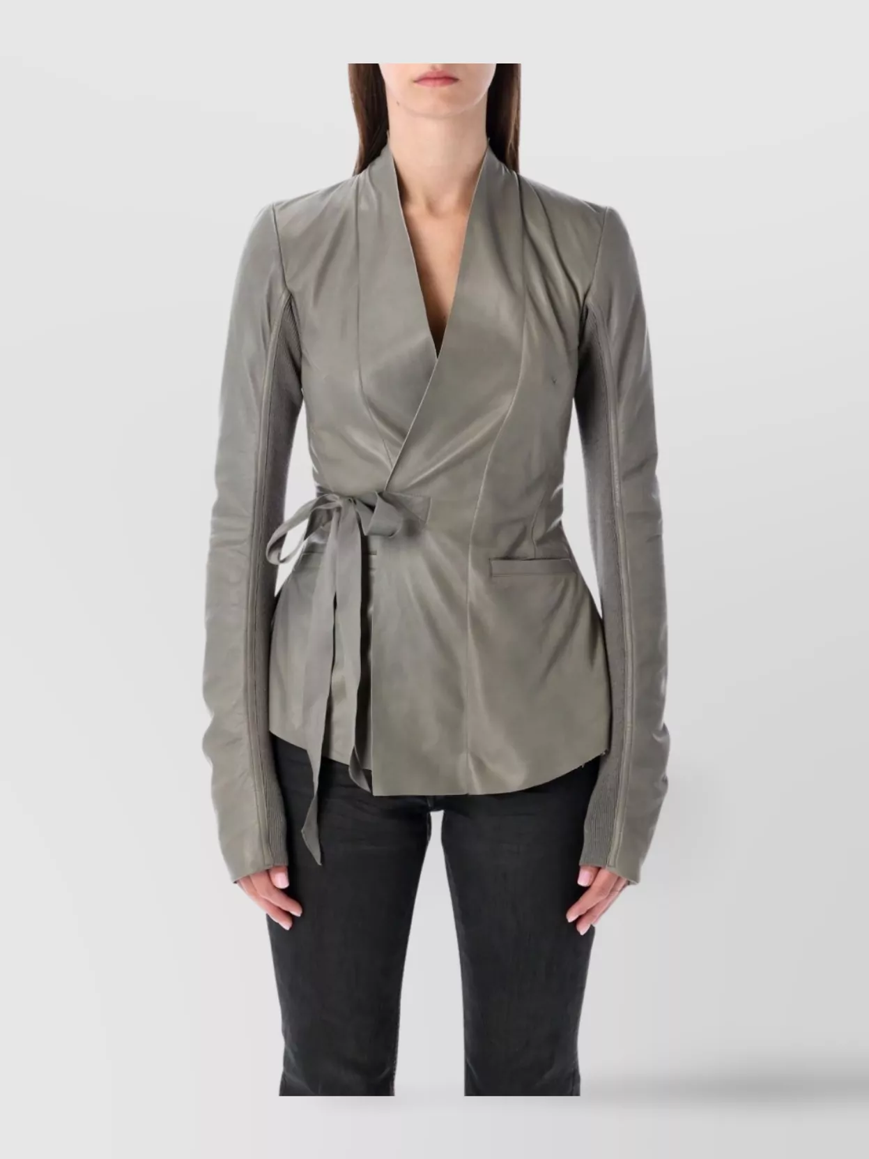 Rick Owens Leather Jacket With Tie Waist And Long Sleeves In Gray