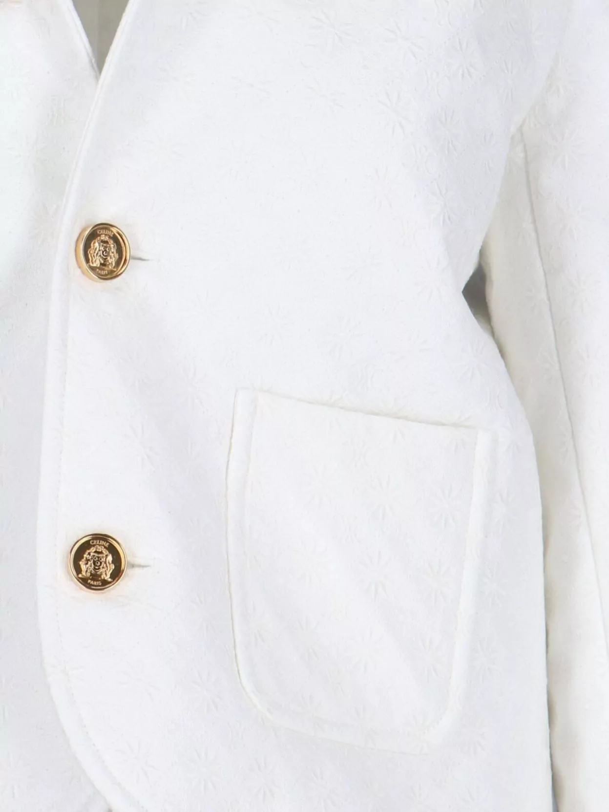 Celine Textured Fabric Jacket With Front Pockets And Gold Buttons In White