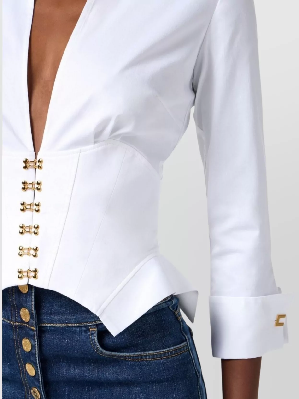 Elisabetta Franchi V-Neck Long Sleeve Top With Gold Buttons