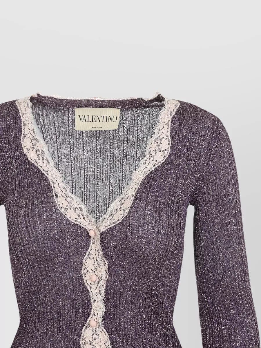 Valentino Ribbed Lurex Knit Lace Trim Cardigan