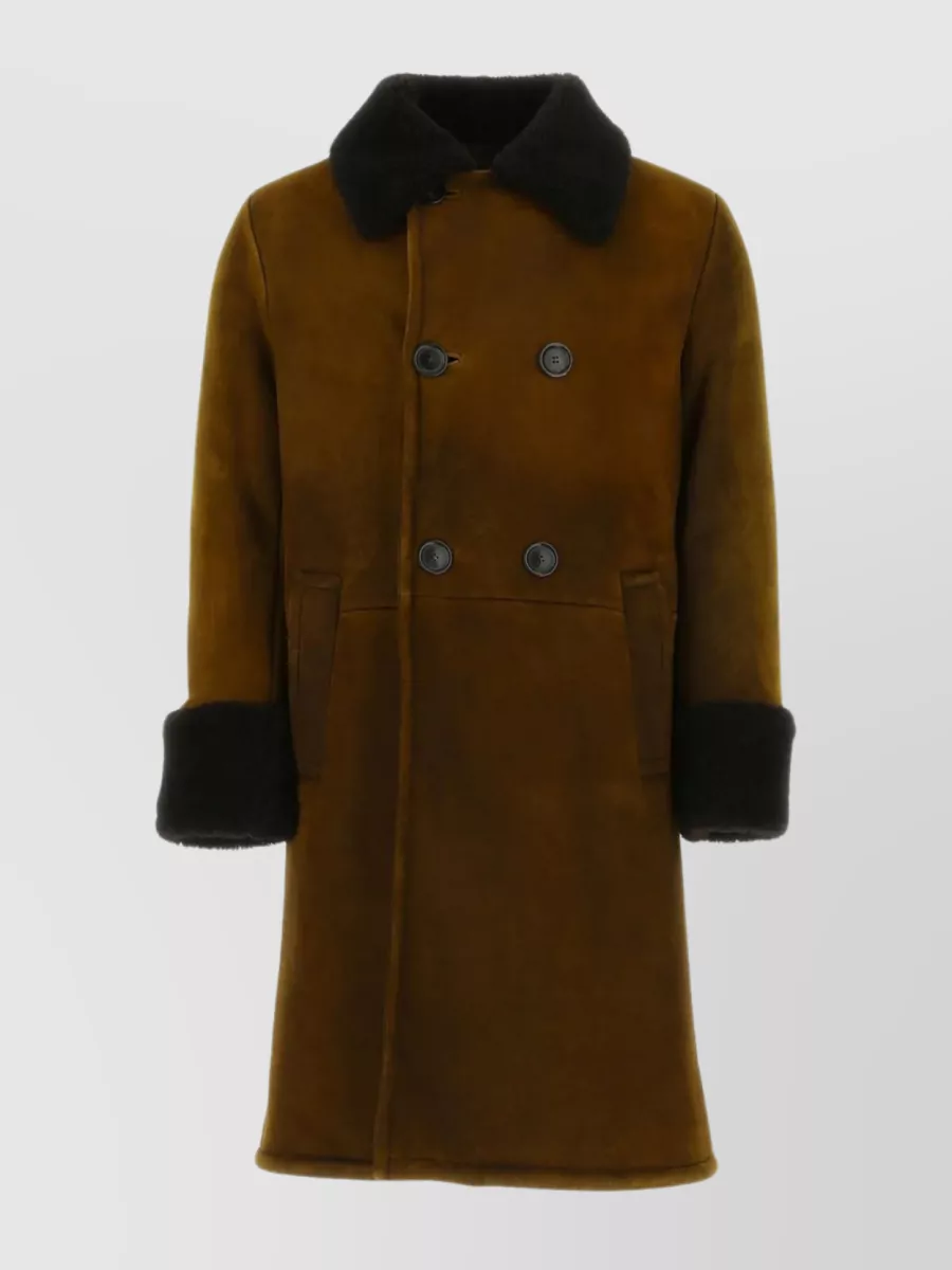 Shop Prada Shearling Mid-length Coat With Fur Collar In Brown