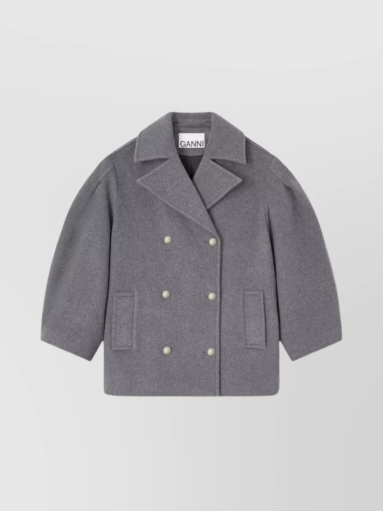 Ganni Double-breasted Oversized Coat Featuring Pockets In Gray