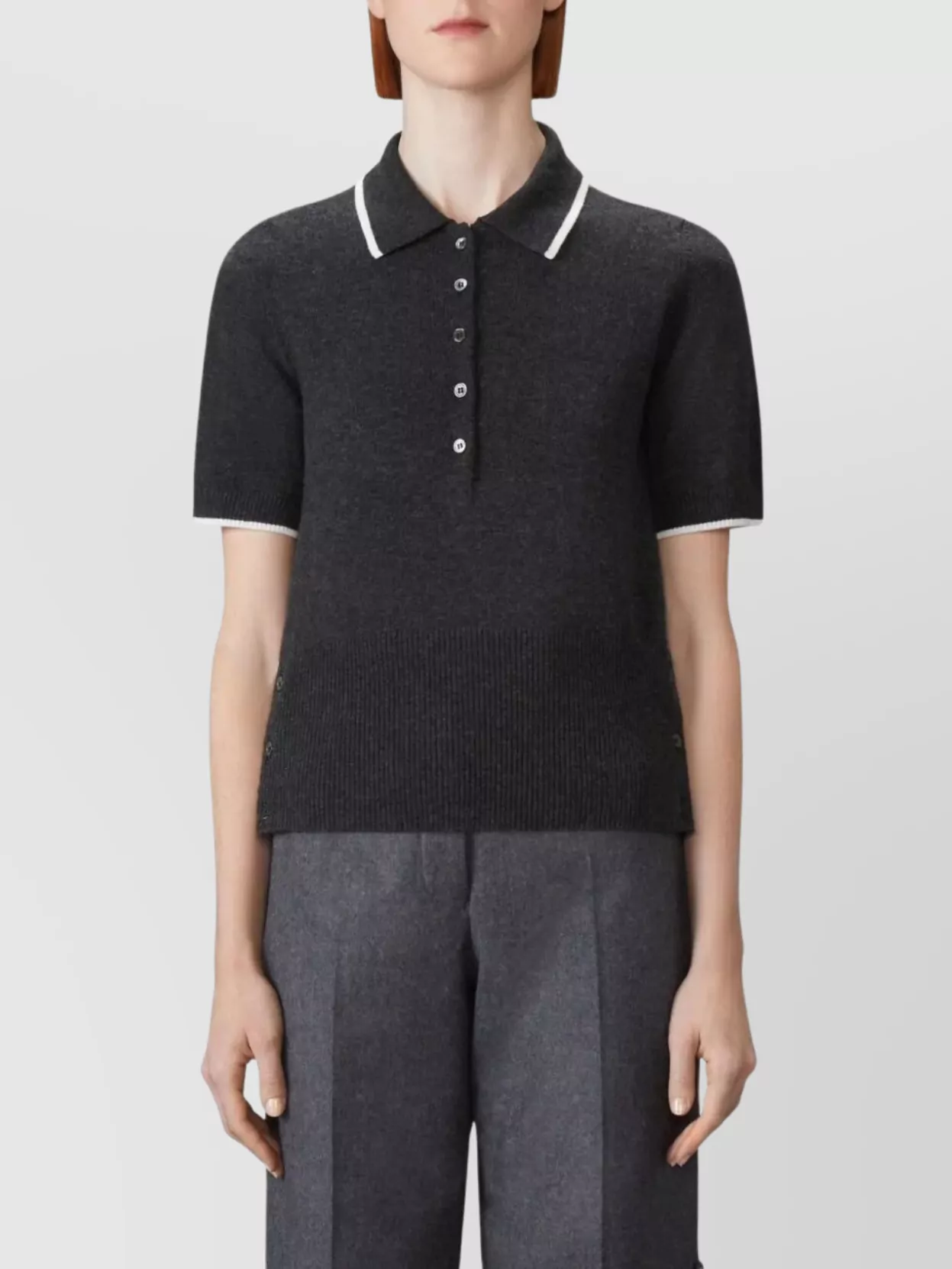 Thom Browne Cashmere Short Sleeve Polo With Ribbed Hem In Black