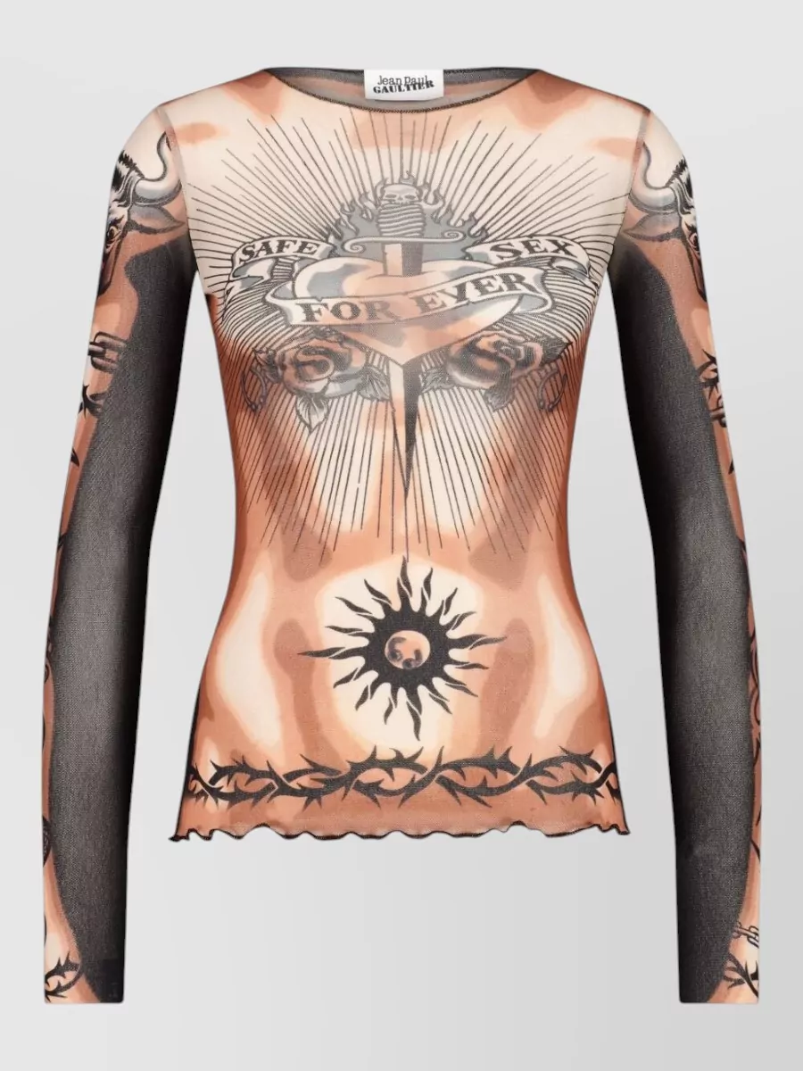 Jean Paul Gaultier Printed Long-Sleeve Tulle Top