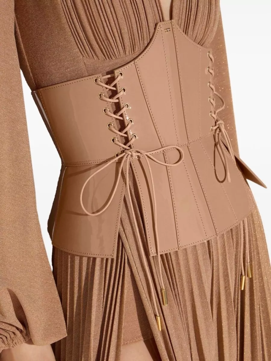 Elisabetta Franchi Lurex Jersey V-Neck Long-Sleeve Pleated Maxi Dress