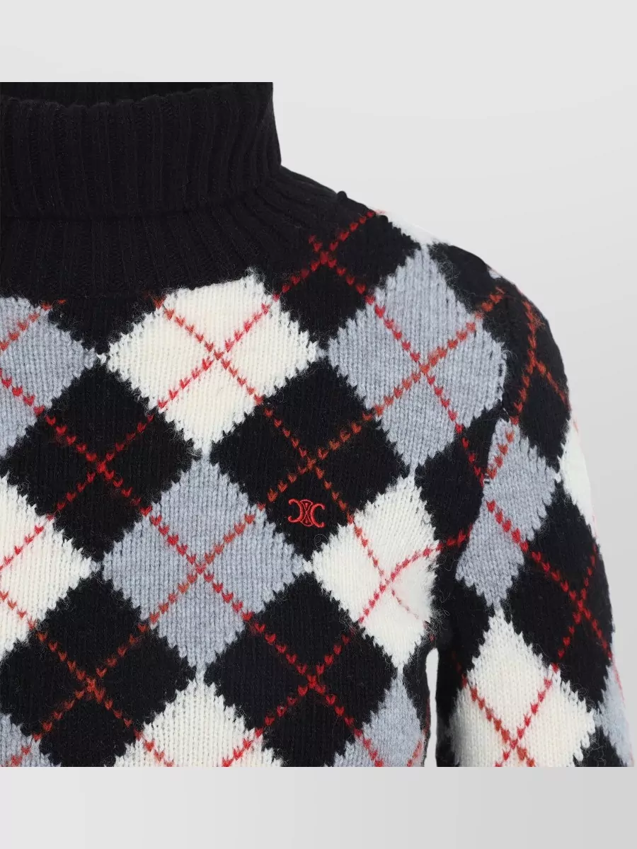 Celine Wool Ribbed Cropped Argyle Turtleneck Sweater