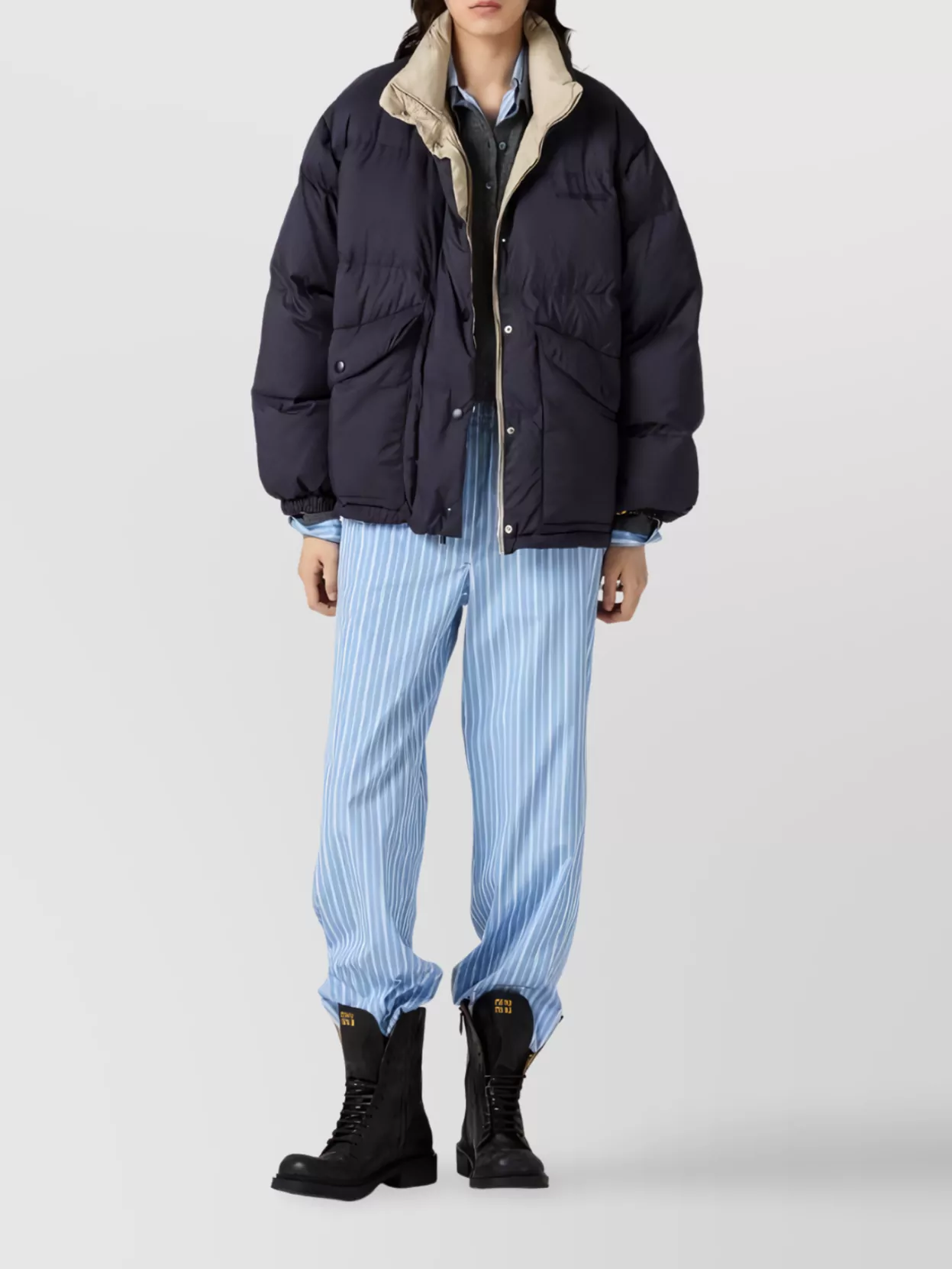 Miu Miu Padded Long Sleeve High Collar Jacket In Blue