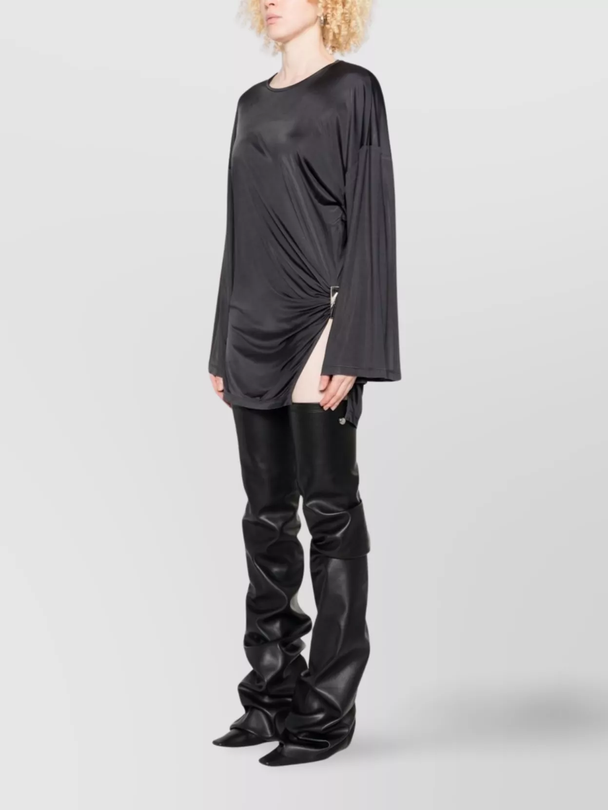 Attico Asymmetrical Dress With Draped Bell Sleeves In Gray