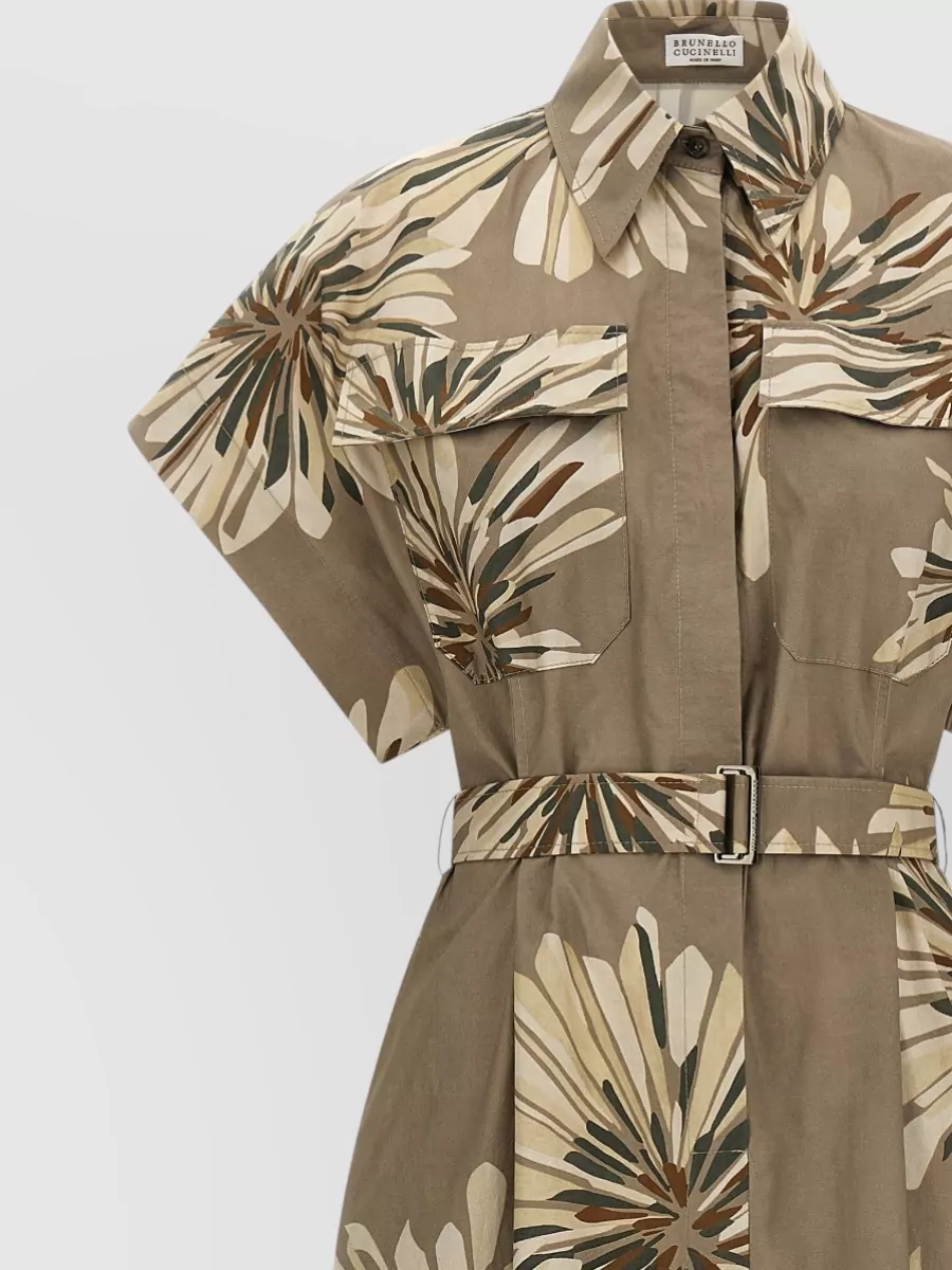 Brunello Cucinelli Shirt Dress Belted Waist Floral Print Short Sleeves