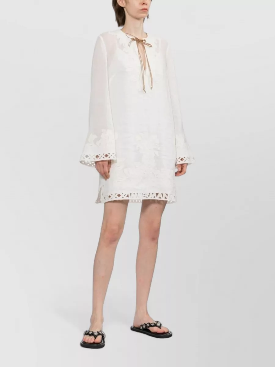 Zimmermann Ramie Embroidered Deep V-Neck Tunic Dress