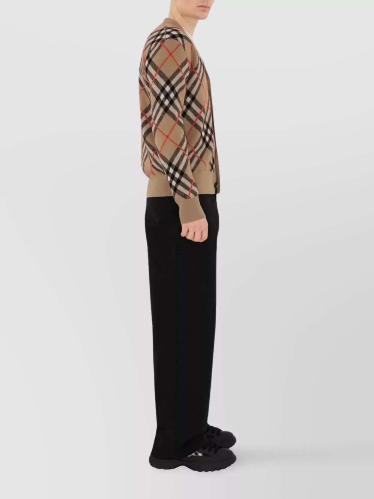 Burberry Check Pattern V-Neck Cardigan With Ribbed Cuffs