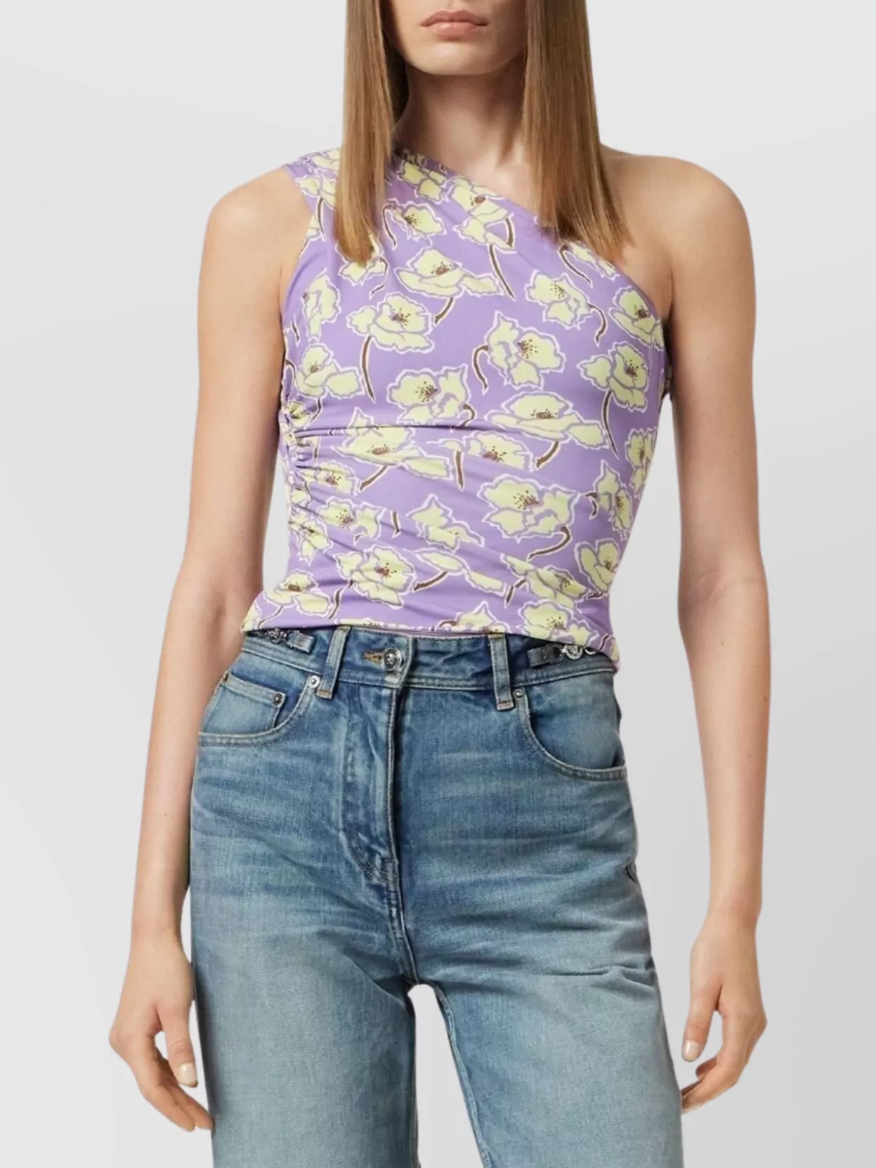 Versace One-shoulder Floral Print Top In Purple