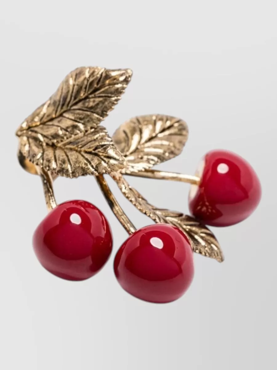 Saint Laurent Cherry Motif Earrings Gold Tone Leaf