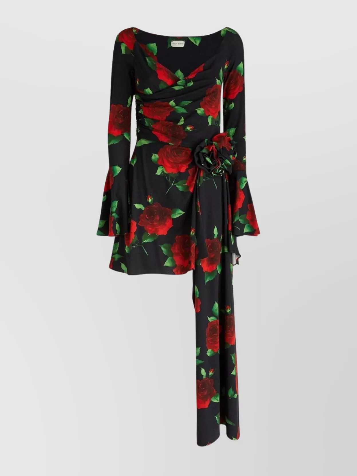 Magda Butrym Black Flared Mini-dress With Floral Print All-over In Viscose Woman