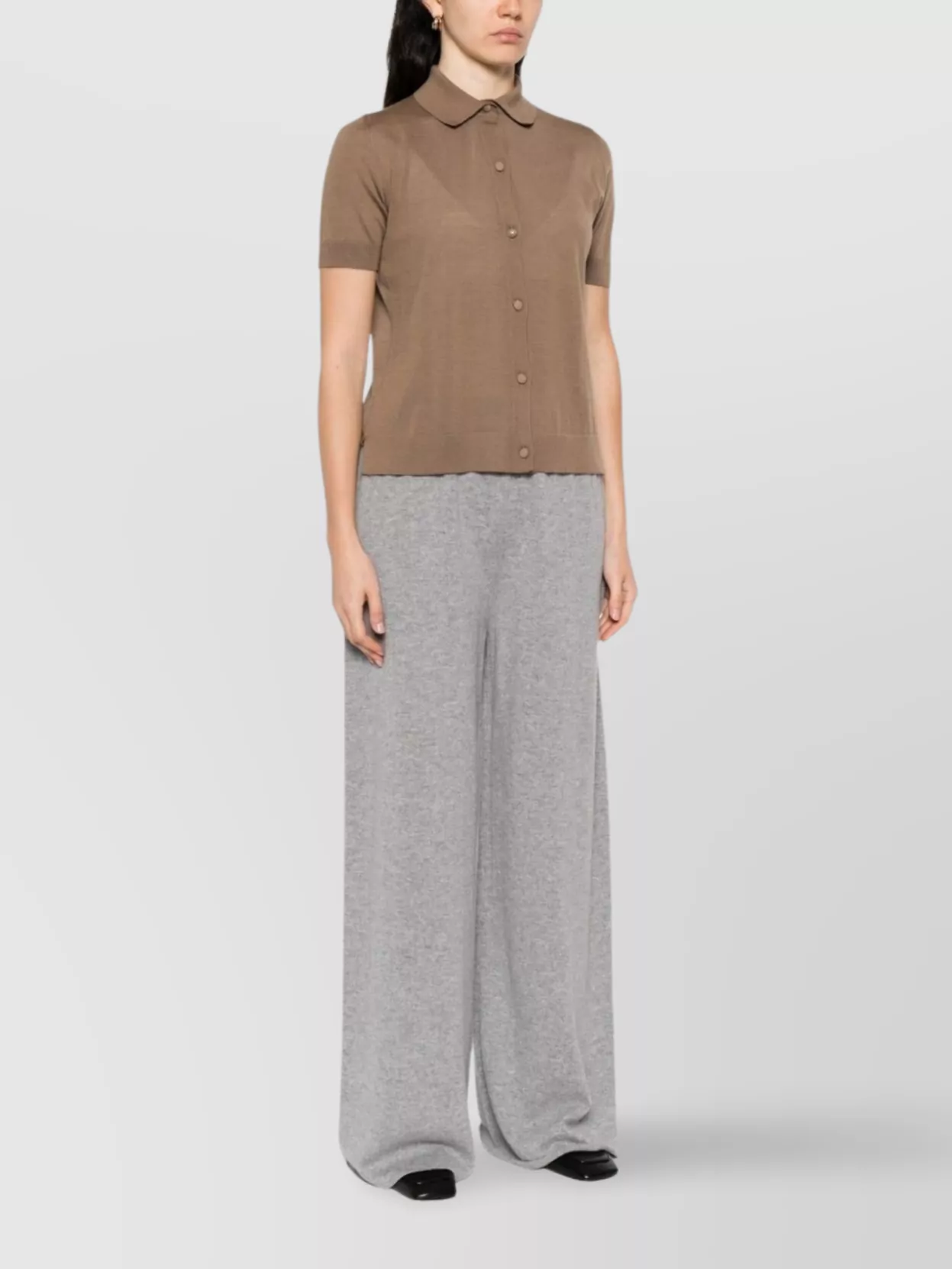 Max Mara Knit Shirt Collar Cardigan With Short Sleeves In Brown