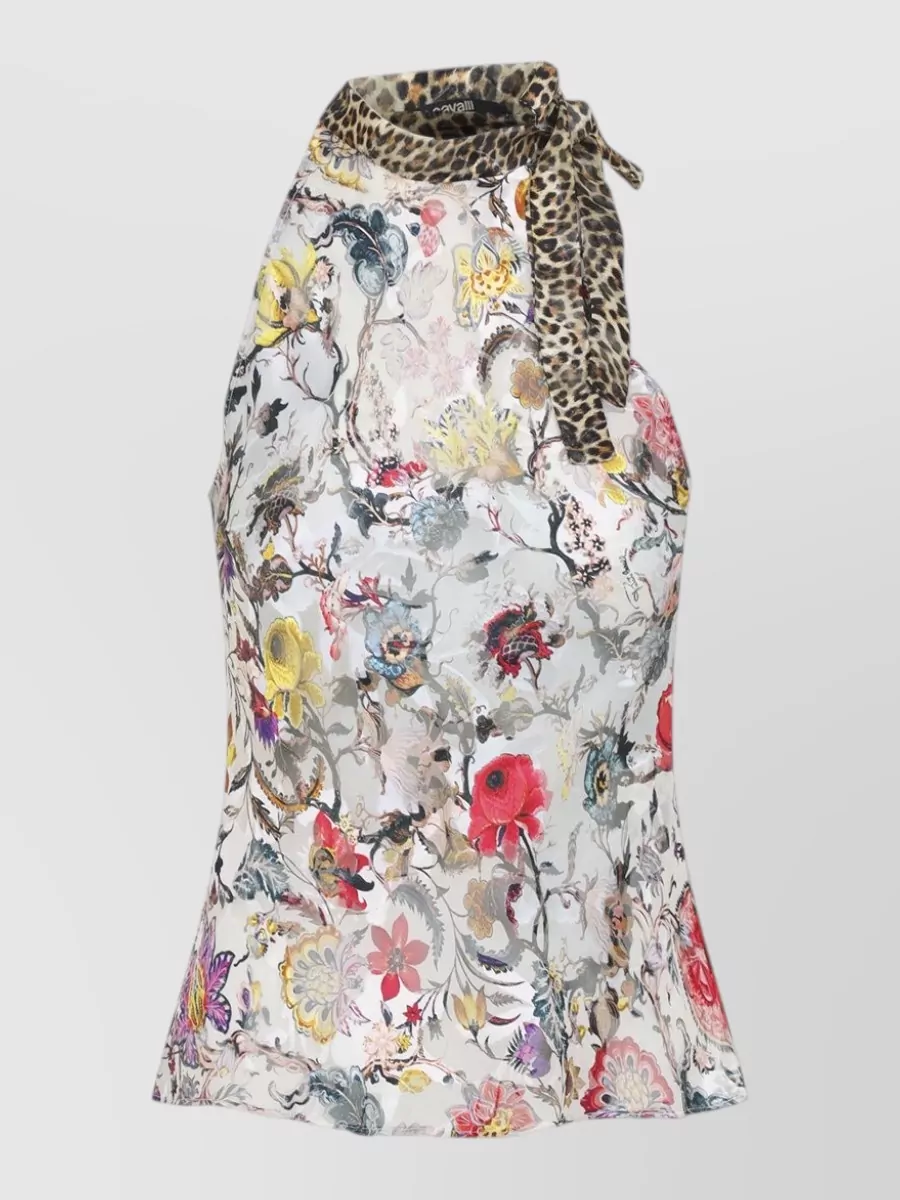 Roberto Cavalli Florentine Floral Halterneck Top Leopard Detail
