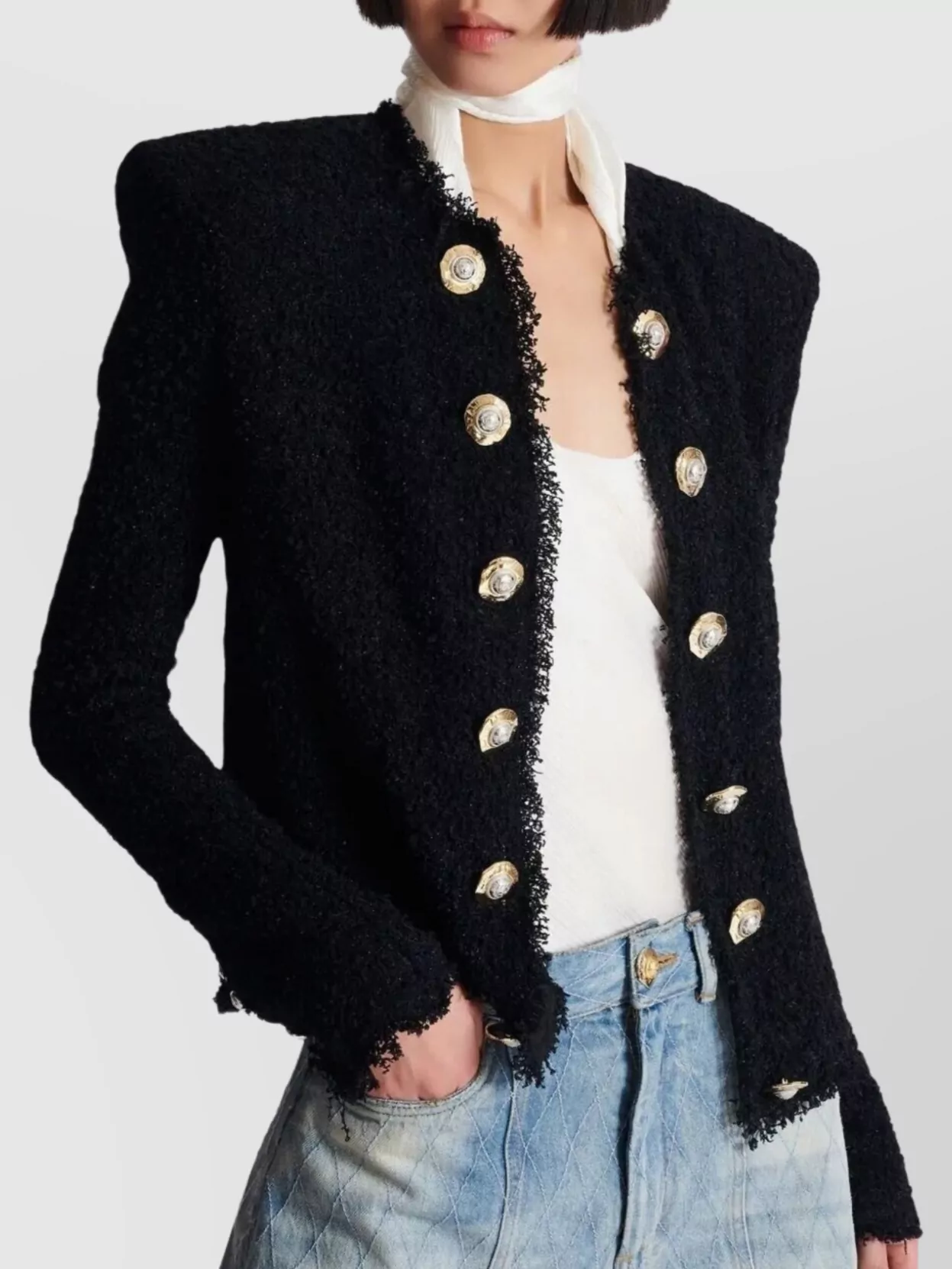Balmain Tweed Jacket With Frayed Edges And Gold-Tone Buttons