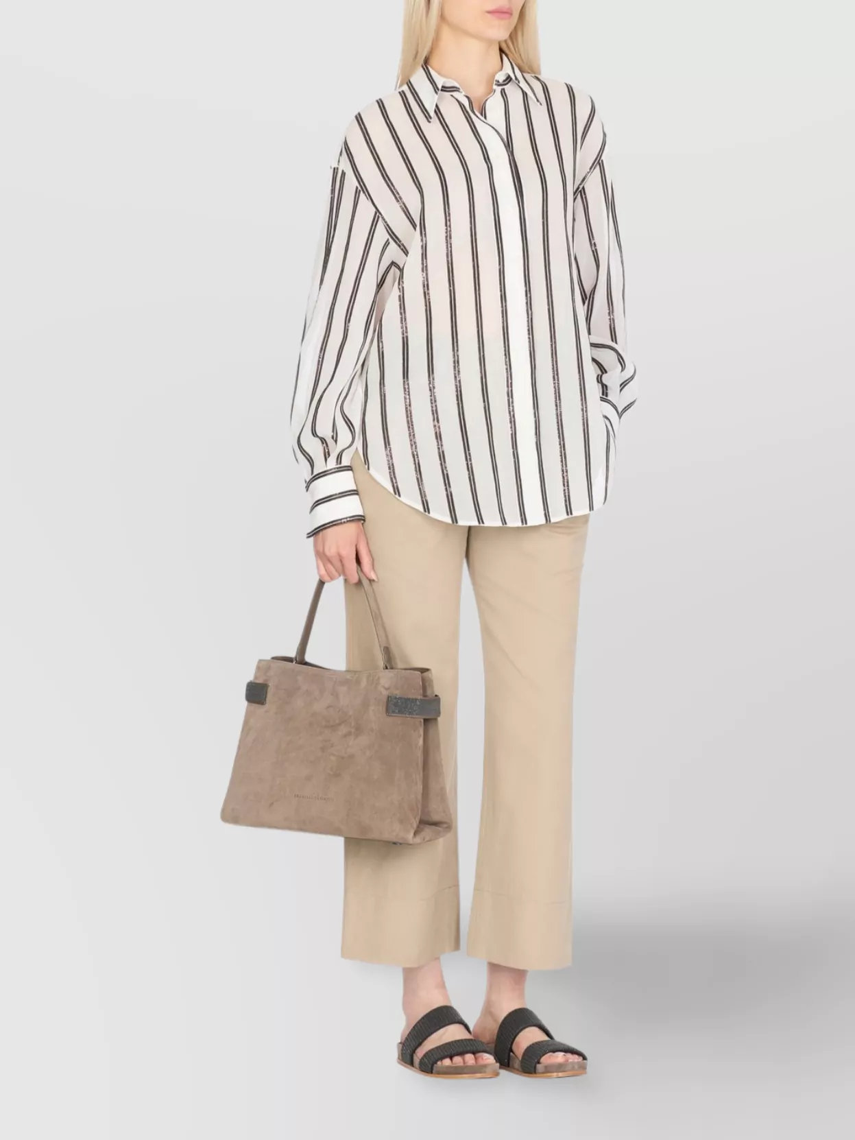 Brunello Cucinelli Suede Leather Shoulder Bag With Brass Inserts In Neutral