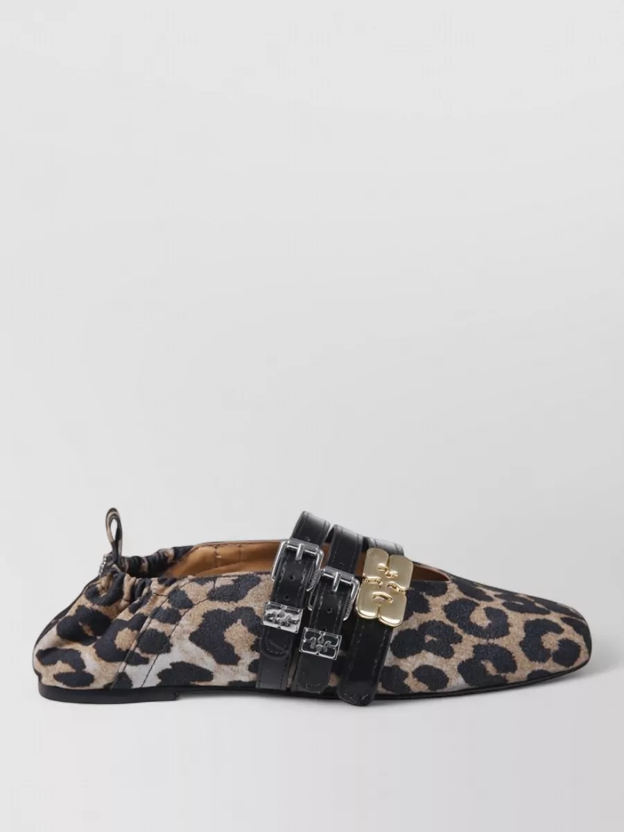 Ganni Triple Strap Denim Ballerina Shoes Animal