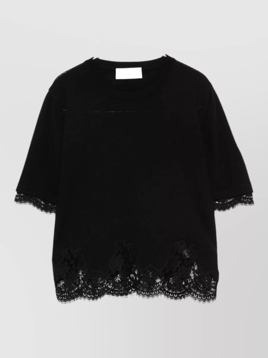 Ermanno Firenze wool fine-knit lace-trim crew-neck short-sleeve knitted top