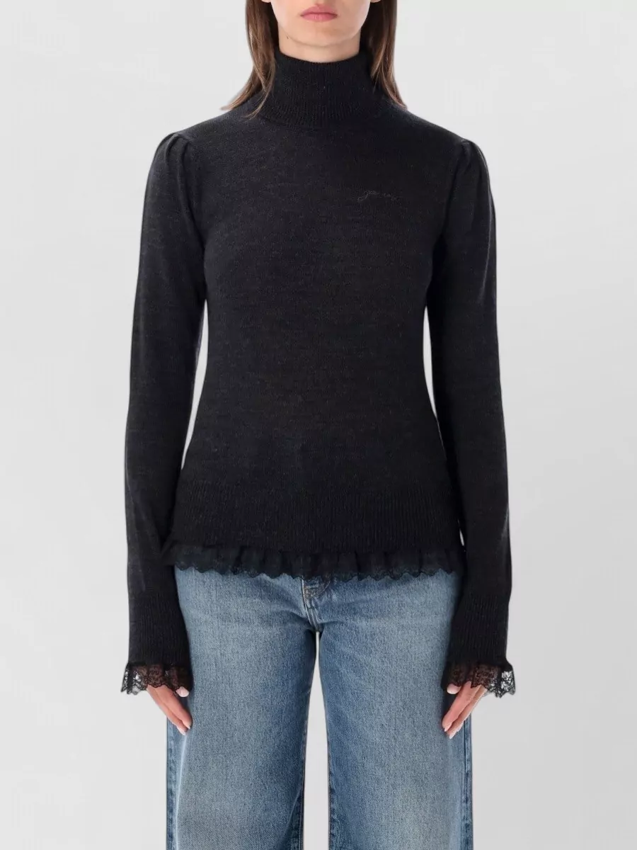 Ganni Merino Wool Lace-detail Turtleneck Sweatshirt