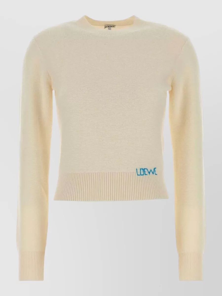 Loewe Cropped Wool Sweater Long Sleeves Ribbed Hem In Neutral