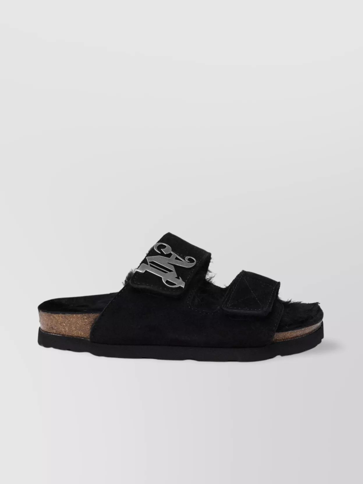 Palm Angels Suede Slippers With Fur Texture And Flat Sole In Black