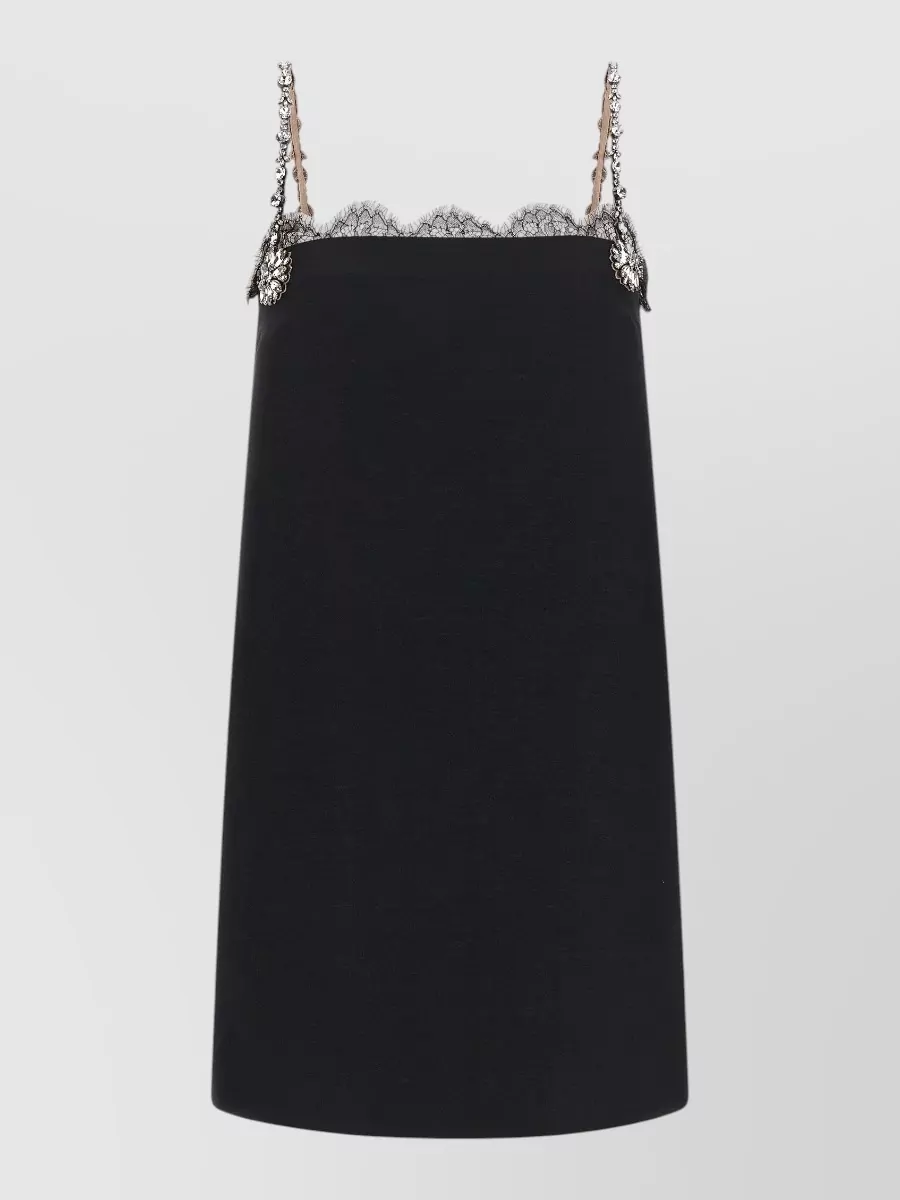 Valentino Garavani Silk virgin wool lace trim crystal embellished mini dress