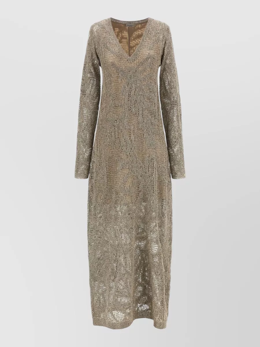 Brunello Cucinelli Knit Sequin Dress Long Sleeves V Neckline In Brown