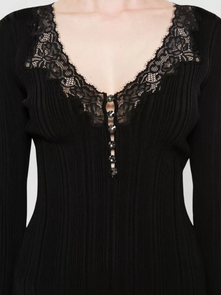 Self-Portrait Ribbed Lace Trim V-Neck Button-Front Knitted Top