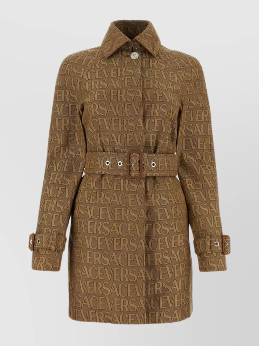 Shop Versace Allover Polyester Blend Trench With Detachable Belt And Embroidery In Brown