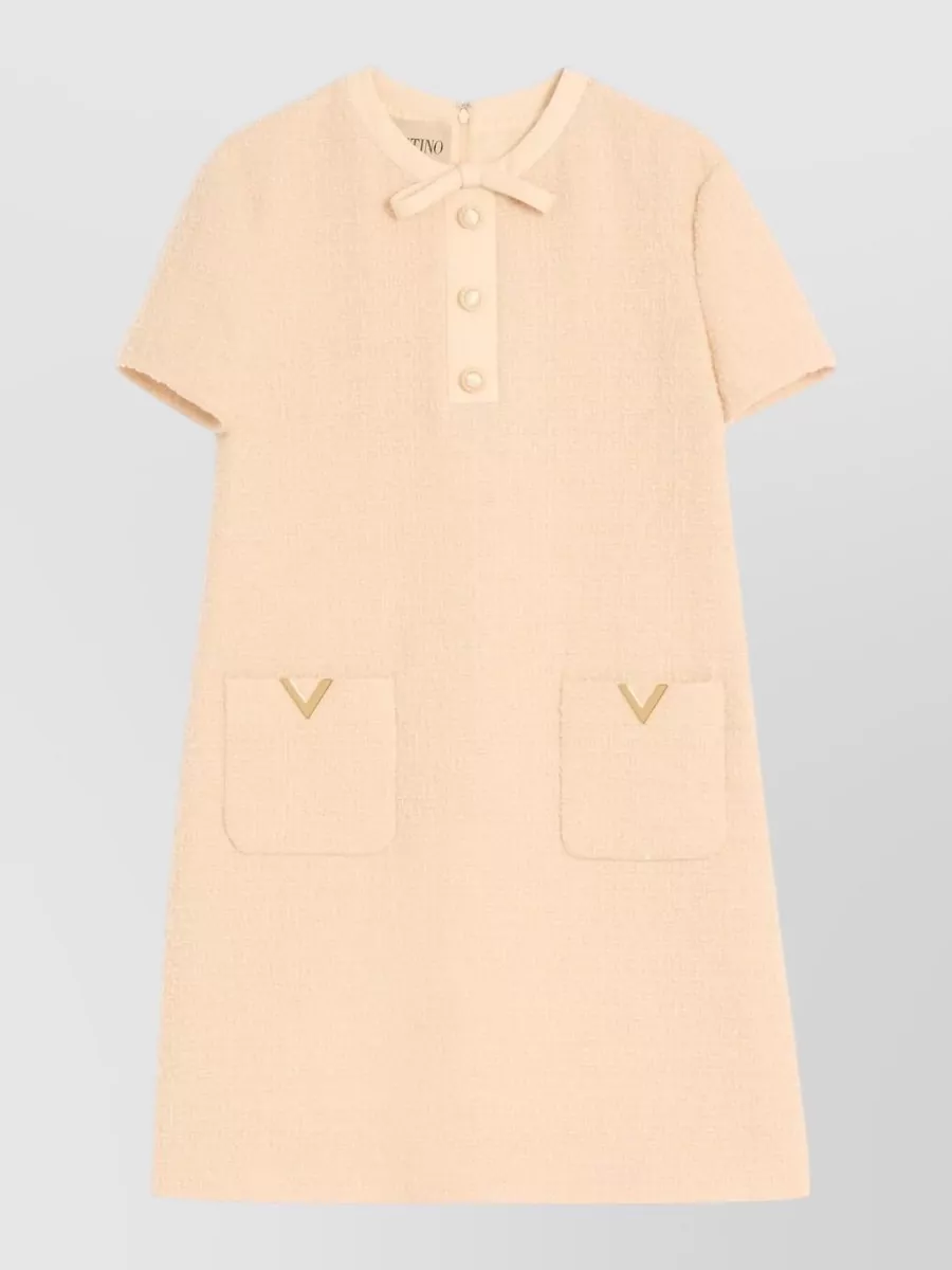 Valentino Wool Dress Short Sleeves Textured Fabric Bow In Neutral