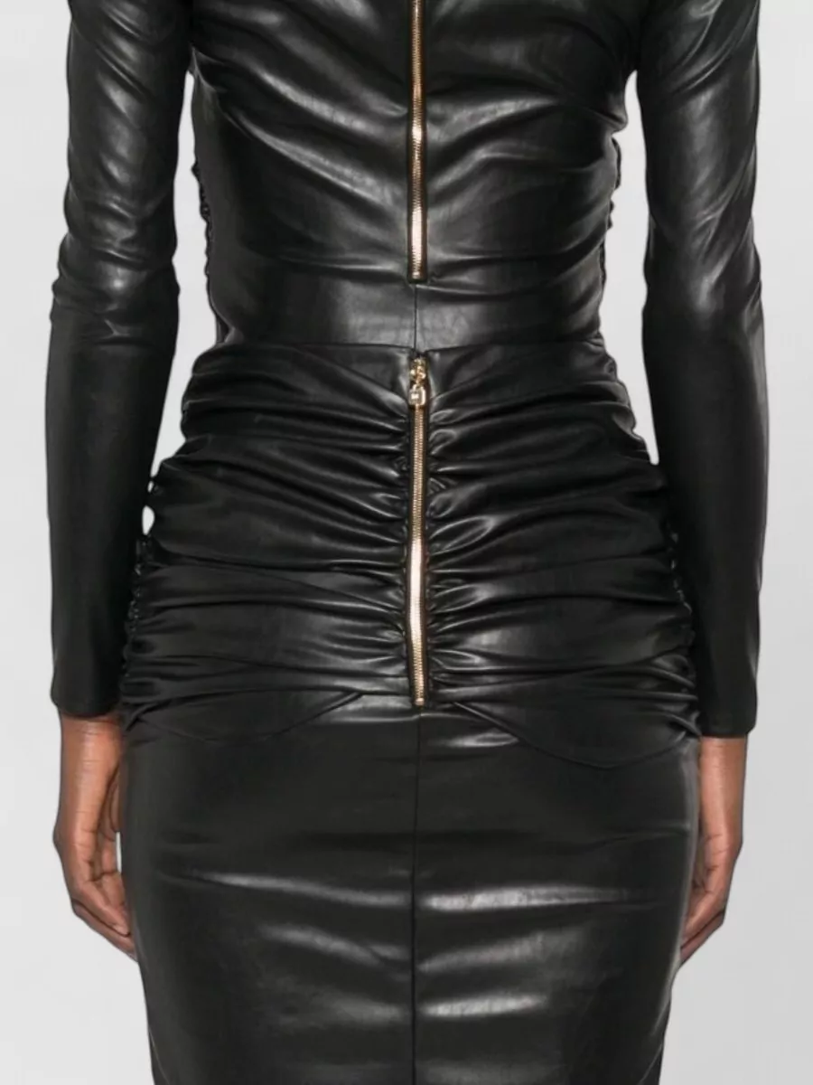 Elisabetta Franchi Faux Leather Draped Knotted V-Neck Long-Sleeve Bodysuit