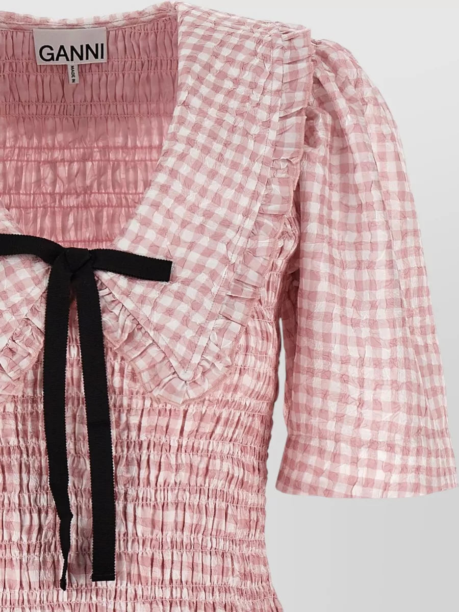 Ganni Textured Checked V-Neck Short-Sleeve Mini Dress