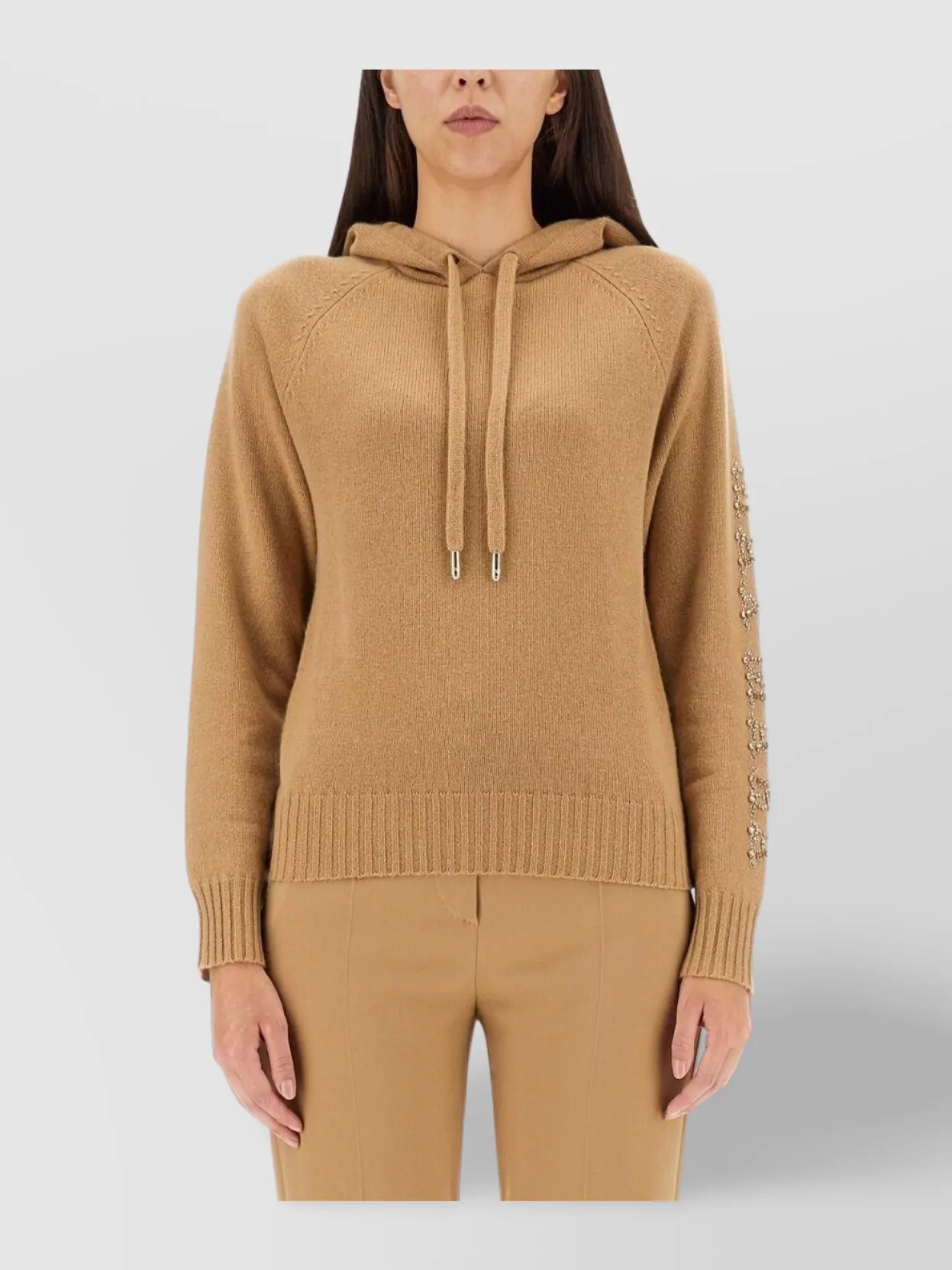 Max Mara Hooded Sweatshirt With Drawstring And Embellished Sleeves In Brown