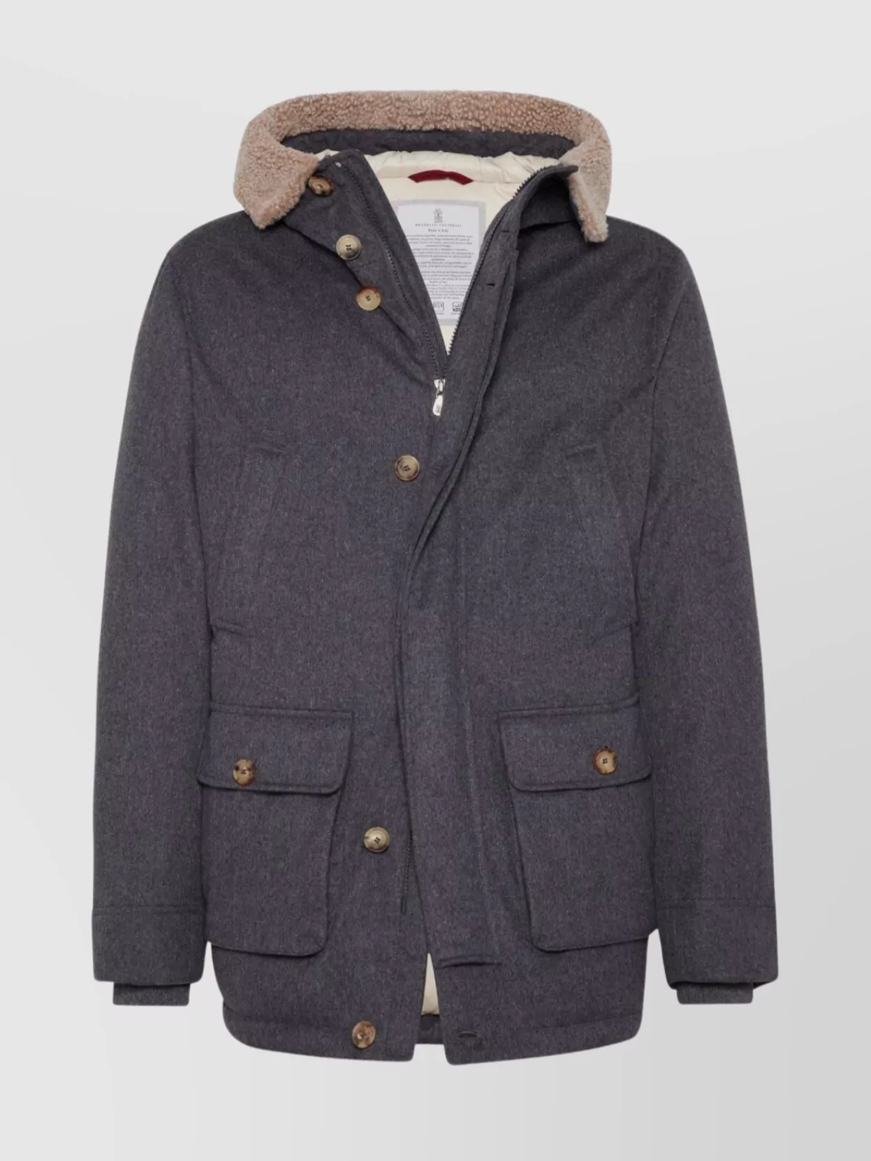 Brunello Cucinelli Hooded Long Length Warm Fabric Front Pockets In Gray