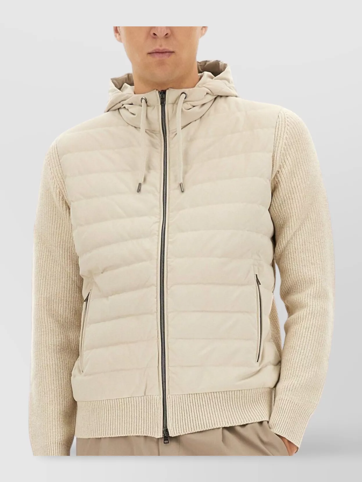 Herno Quilted Microfibre And Ribbed Wool Down Hooded Jacket In Neutral