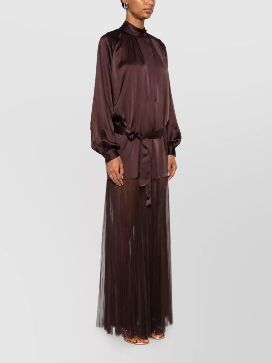 Forte Forte Silk Sheer Panel High Neck Long Sleeve Belted Long Dress
