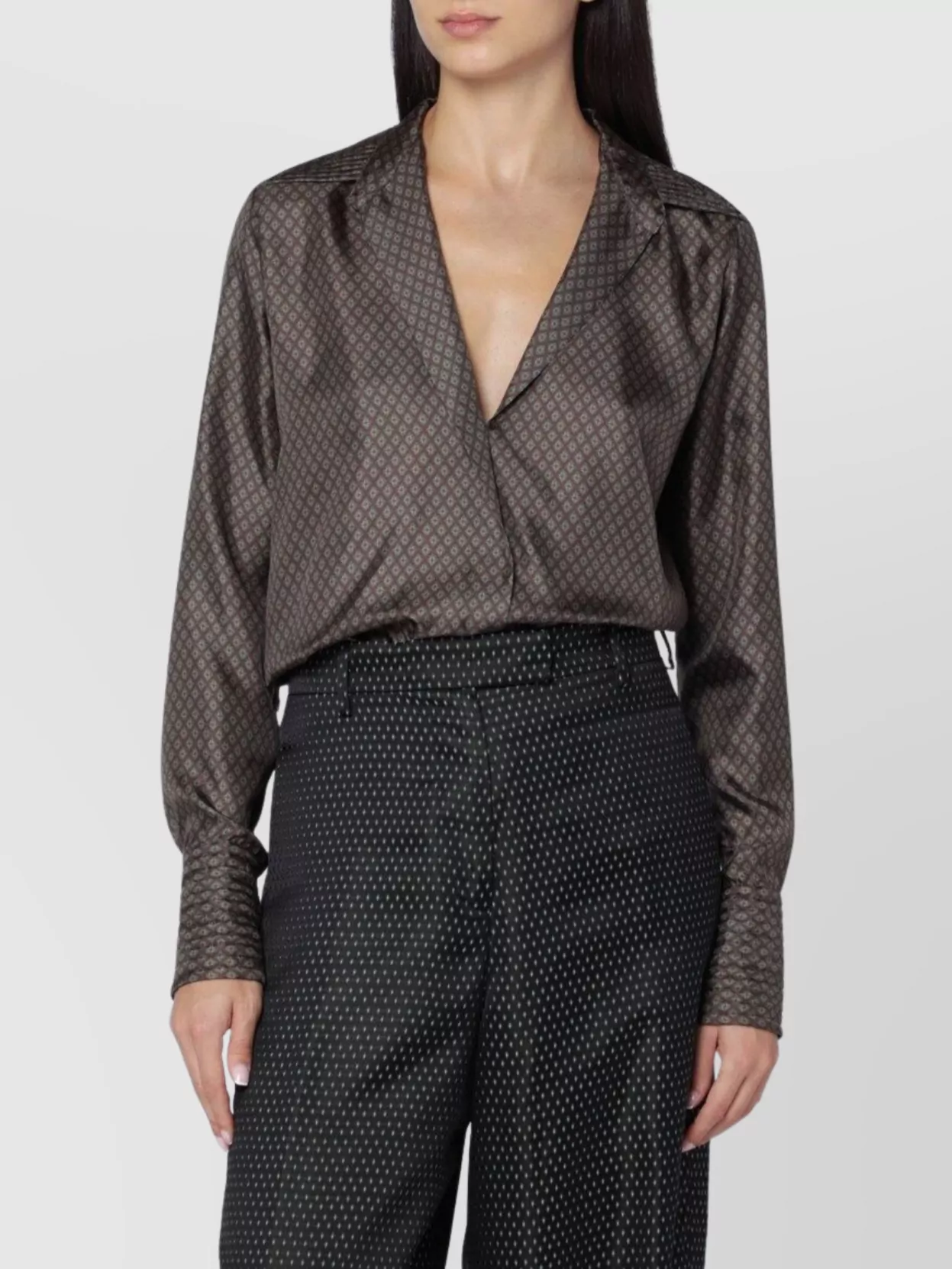 Dries Van Noten Geometric Pattern Silk Shirt With Long Sleeves In Brown