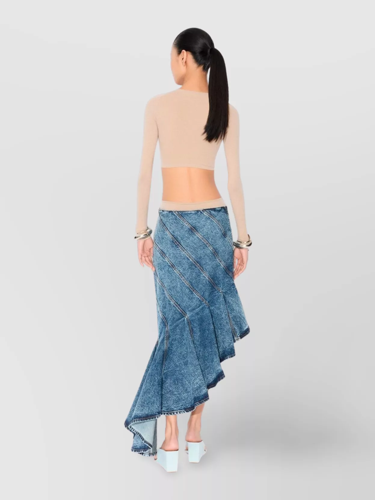 Alaïa Spiral Design Denim Midi Skirt With Hem In Blue