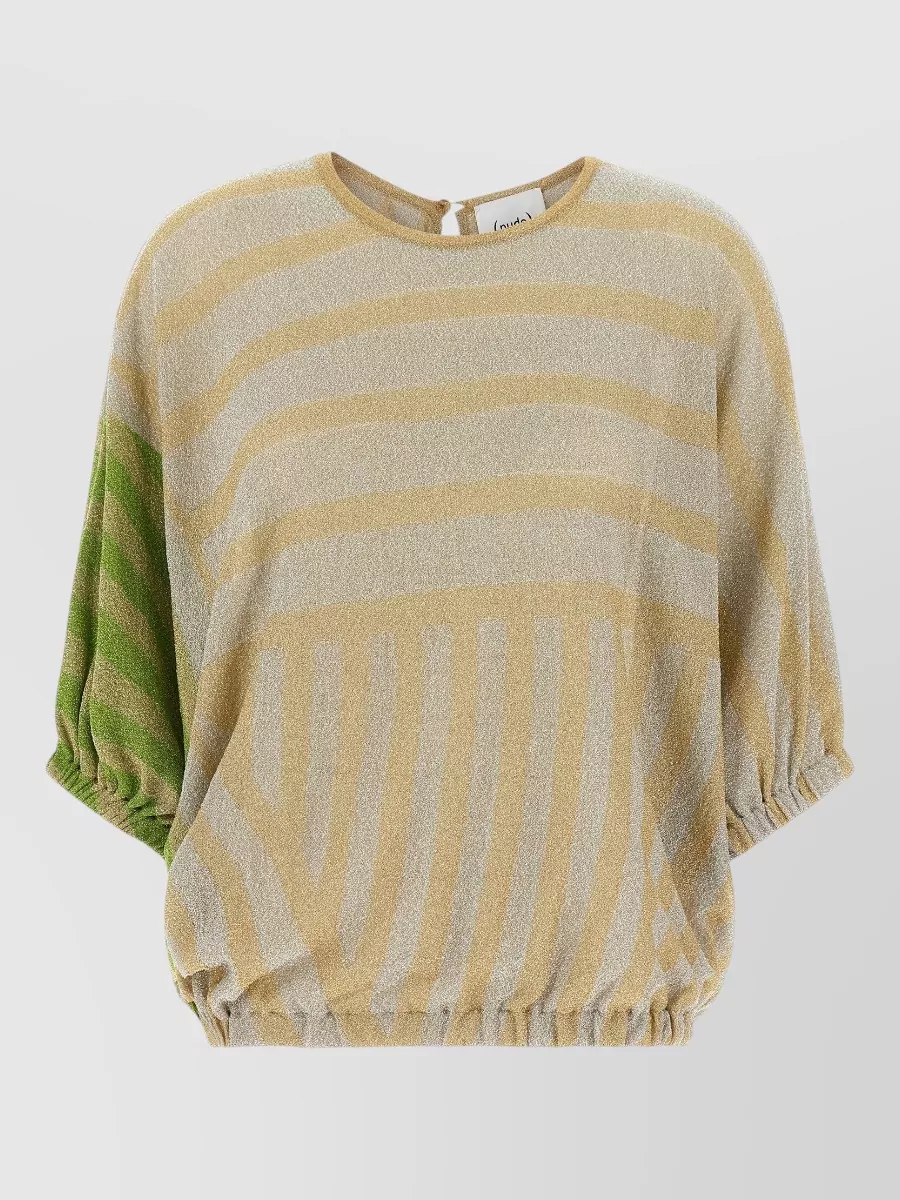 Nude Striped Cutout Short-Sleeve Blouse