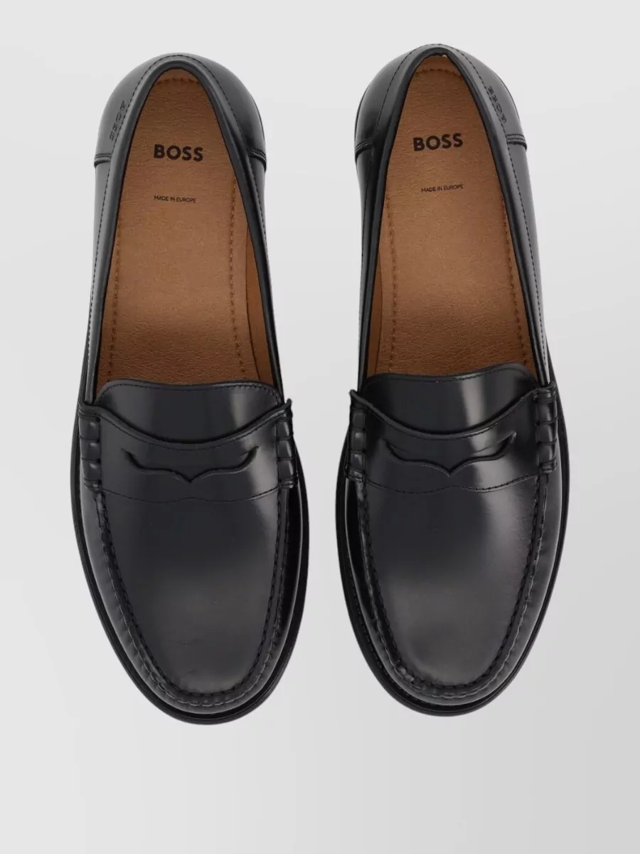 Boss Leather Loafers Round Toe Stitch Detail