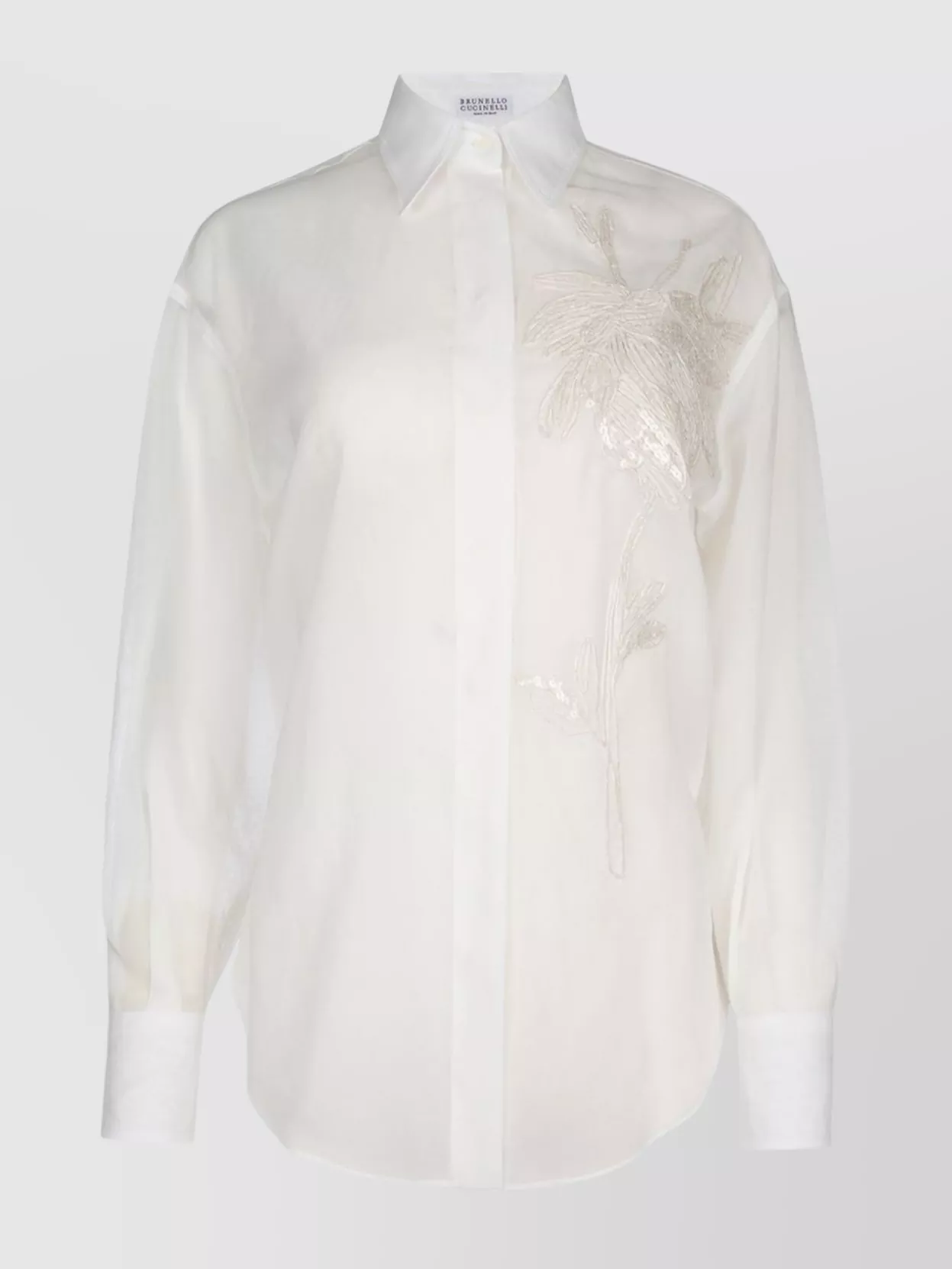 Shop Brunello Cucinelli Pointed Collar Embroidered Detail Shirt