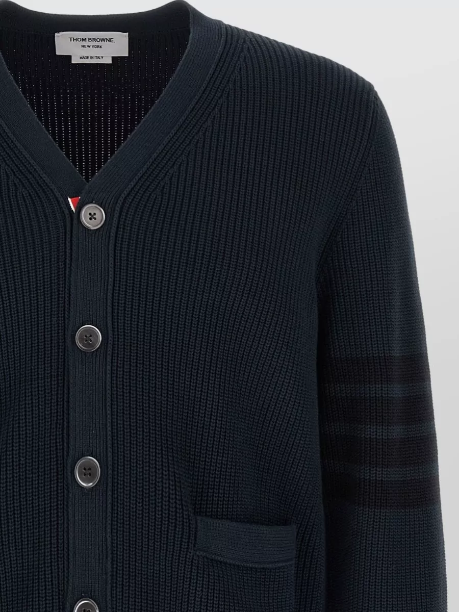 Thom Browne V Neck Ribbed Cardigan Front Pockets