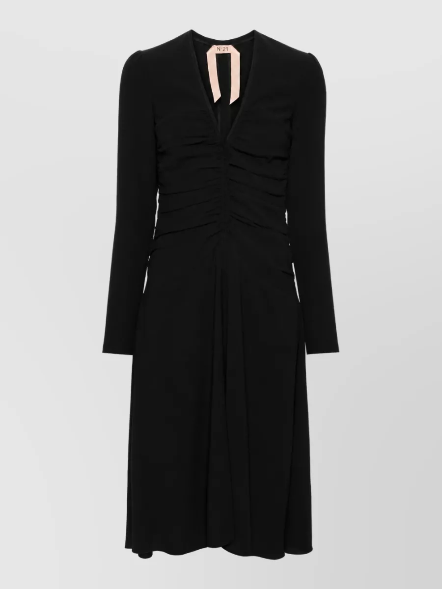 N 21 Crepe V-Neck Draped Long-Sleeve Midi Dress