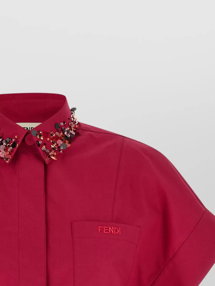 Fendi Embellished Asymmetric Cotton Cropped Shirt