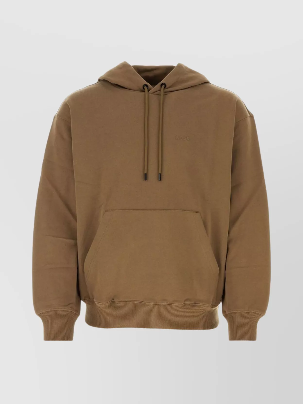 Shop Hugo Boss Cotton Hooded Sweater With Ribbed Cuffs And Pouch Pocket In Brown